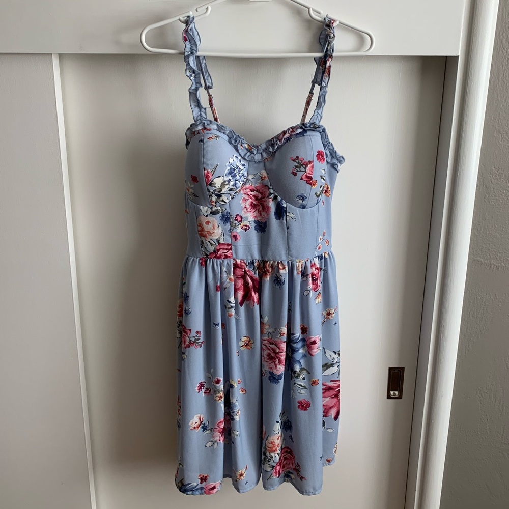 Xhilaration Pastel Light Blue Bustier Pink Floral Ruffle Fit Flare Dress